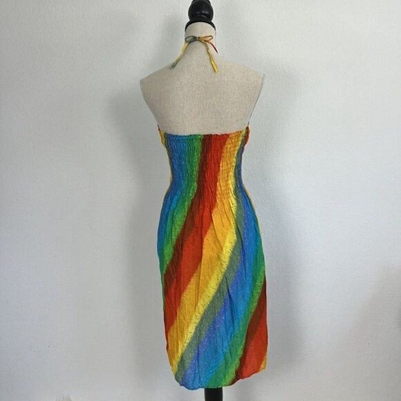 Vintage Women’s Rainbow Tie Dye Hippie Smocked Summer Mini Tube Top Dress OS - Picture 3 of 12